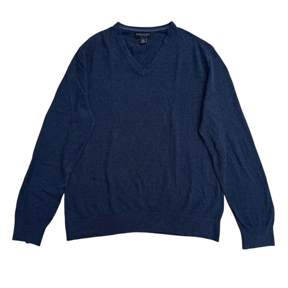Banana Republic Luxury Blend Mens Silk Cashmere V-Neck Sweater Size‎ L Navy Blue